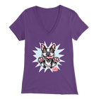 a womens purple v-neck shirt with the Boston Terrier dog design by OMG You're Home! on the front