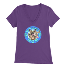 Load image into Gallery viewer, a women&#39;s purple v neck shirt with the OMG You&#39;re Home! German Shepherd dog mom design on the front