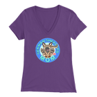 a women's purple v neck shirt with the OMG You're Home! German Shepherd dog mom design on the front