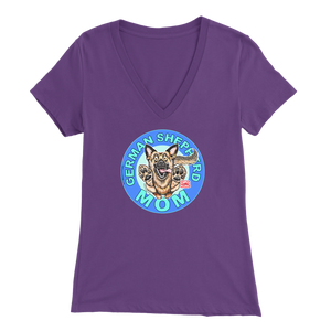 a women's purple v neck shirt with the OMG You're Home! German Shepherd dog mom design on the front