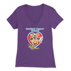 a womens purple soft v-neck shirt with the OMG You're Home! Golden Retriever dog design on the front