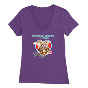 Bella Womens purple V-Neck. This comfortable shirt features the OMG You're Home German Shepherd dog design with the text "Emotional Support Human". 