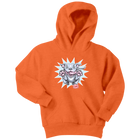 Front view of a youth bright orange hoodie featuring the OMG Blue Nose Pit Bull design