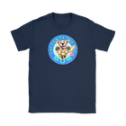 a women's navy blue tshirt featuring the OMG You're Home! Golden Retriever dog artwork on the front