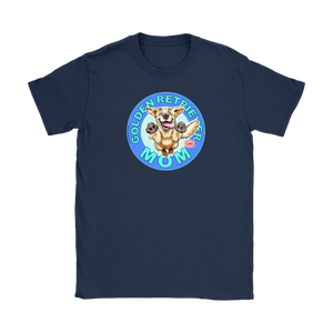 a women's navy blue tshirt featuring the OMG You're Home! Golden Retriever dog artwork on the front