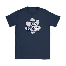 Load image into Gallery viewer, a women&#39;s navy shirt for dog lovers featuring the DOG PERSON design on the front