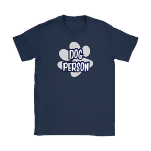 a women's navy shirt for dog lovers featuring the DOG PERSON design on the front