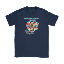 Load image into Gallery viewer, a navy blue Gildan Womens T-Shirt for dog lovers featuring the German Shepherd design in the Emotional Support Human collection