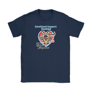 a navy blue Gildan Womens T-Shirt for dog lovers featuring the German Shepherd design in the Emotional Support Human collection