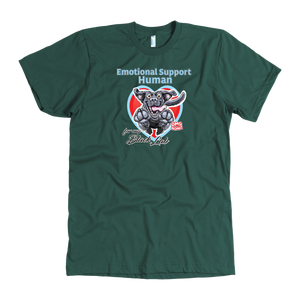 a  kelly green OMG You're Home t-shirt featuring the Emotional Support Human for my Black Labrador Retriever design on the front in full color