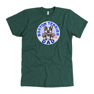 A men's green t-shirt featuring the original OMG You're Home Boston Terrier dog design on the front