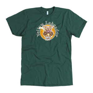 front view of a men's green American Apparel  t-shirt featuring the OMG You're HOME! Yellow Labrador Retriever design