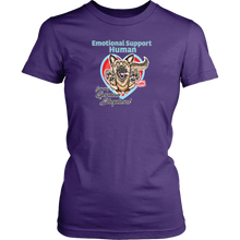 Load image into Gallery viewer, A womens purple shirt by District featuring the original German Shepherd dog artwork by OMG You&#39;re HOME! This design has the text &quot;Emotional Support Human&quot; above the German Shepherd. 