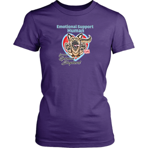 A womens purple shirt by District featuring the original German Shepherd dog artwork by OMG You're HOME! This design has the text "Emotional Support Human" above the German Shepherd. 