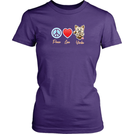 Purple District Shirt featuring the Peace Love Yorkie dog design from OMG You're HOME!