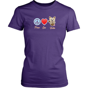 Purple District Shirt featuring the Peace Love Yorkie dog design from OMG You're HOME!