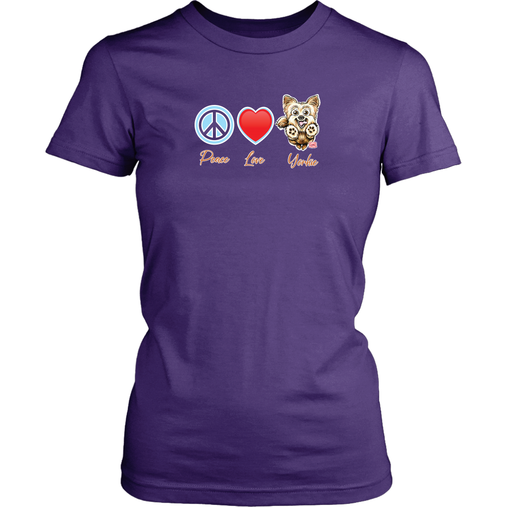 Purple District Shirt featuring the Peace Love Yorkie dog design from OMG You're HOME!