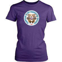 Load image into Gallery viewer, front view of a womens purple t-shirt featuring the original Red Nose Pitbull artwork by OMG You&#39;re Home! Part of the &quot;Rescue is my favorite breed&quot; collection.