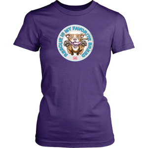 front view of a womens purple t-shirt featuring the original Red Nose Pitbull artwork by OMG You're Home! Part of the "Rescue is my favorite breed" collection.