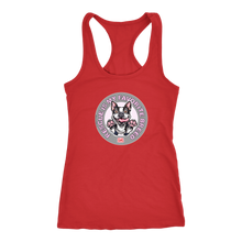 Load image into Gallery viewer, A red Next Level Racerback Tank featuring the OMG You&#39;re Home! Boston Terrier design with &quot;Rescue is my favorite breed&quot;