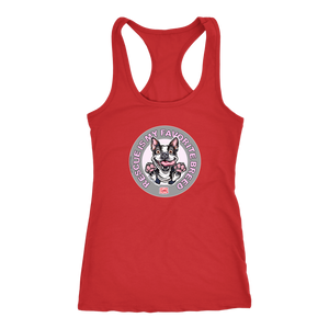 A red Next Level Racerback Tank featuring the OMG You're Home! Boston Terrier design with "Rescue is my favorite breed"