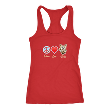 Load image into Gallery viewer, Red Next Level Racerback Tank featuring the Peace Love Yorkie dog design from OMG You&#39;re HOME!