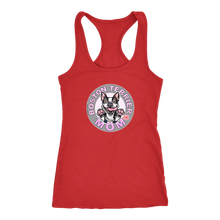 Load image into Gallery viewer, A soft red Next Level Racerback Tank featuring the OMG You&#39;re Home Boston Terrier Dog Mom design on the front in full vibrant color. 