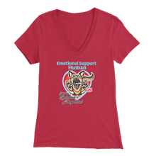 Load image into Gallery viewer, A woman&#39;s red v-neck shirt featuring the OMG You&#39;re Home! German Shepherd dog design with the text &quot;Emotional Support Human&quot;.