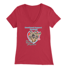 A woman's red v-neck shirt featuring the OMG You're Home! German Shepherd dog design with the text "Emotional Support Human".