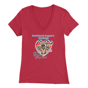 A woman's red v-neck shirt featuring the OMG You're Home! German Shepherd dog design with the text "Emotional Support Human".