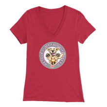 Load image into Gallery viewer, a womens red v-neck shirt featuring the original Golden Retriever dog artwork by OMG You&#39;re Home!