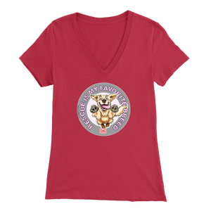 a womens red v-neck shirt featuring the original Golden Retriever dog artwork by OMG You're Home!