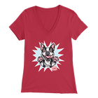 a womens red v-neck shirt with the Boston Terrier dog design by OMG You're Home! on the front