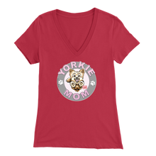 Load image into Gallery viewer, a women&#39;s red v-neck shirt with the OMG You&#39;re Home! Yorkie dog mom design on the front