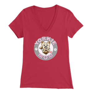 a women's red v-neck shirt with the OMG You're Home! Yorkie dog mom design on the front