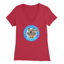 Load image into Gallery viewer, a women&#39;s red v neck shirt with the OMG You&#39;re Home! German Shepherd dog mom design on the front