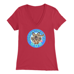 a women's red v neck shirt with the OMG You're Home! German Shepherd dog mom design on the front