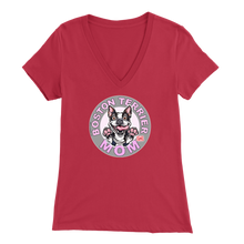 Load image into Gallery viewer, a woman&#39;s red v-neck shirt with the OMG You&#39;re Home! Boston Terrier dog Mom design on the front in pink letters