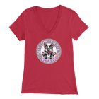 a woman's red v-neck shirt with the OMG You're Home! Boston Terrier dog Mom design on the front in pink letters