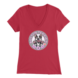 a woman's red v-neck shirt with the OMG You're Home! Boston Terrier dog Mom design on the front in pink letters