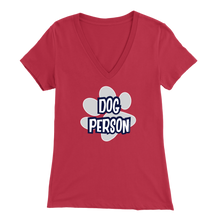 Load image into Gallery viewer, dog person design on a red v-neck t-shirt for women dog lovers