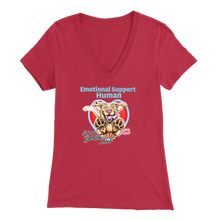 Load image into Gallery viewer, Bella Womens red V-Neck. This comfortable shirt features the OMG You&#39;re Home German Shepherd dog design with the text &quot;Emotional Support Human&quot;. 