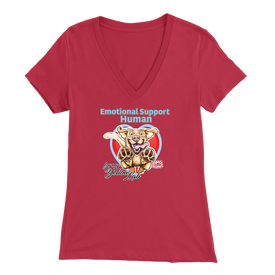 Bella Womens red V-Neck. This comfortable shirt features the OMG You're Home German Shepherd dog design with the text "Emotional Support Human". 