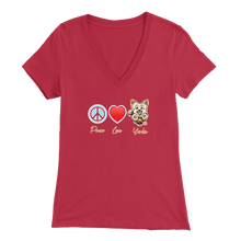 Load image into Gallery viewer, red Bella Womens V-Neck Shirt featuring the Peace Love Yorkie dog design from OMG You&#39;re HOME!