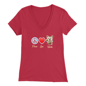 red Bella Womens V-Neck Shirt featuring the Peace Love Yorkie dog design from OMG You're HOME!