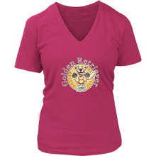 Load image into Gallery viewer, a coral color v neck shirt with a golden retriever design on the front