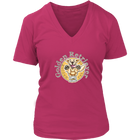 a coral color v neck shirt with a golden retriever design on the front