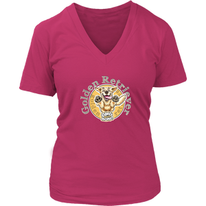 a coral color v neck shirt with a golden retriever design on the front