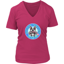 Load image into Gallery viewer, A women&#39;s bright pink v-neck shirt from OMG You&#39;re Home! with the Boston Terrier dog Mom design on the front in blue letters