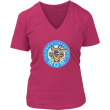 Load image into Gallery viewer, a women&#39;s pink v-neck shirt featuring the original artwork by OMG You&#39;re Home! The German Shepherd dog mom design is on the front in full color. 